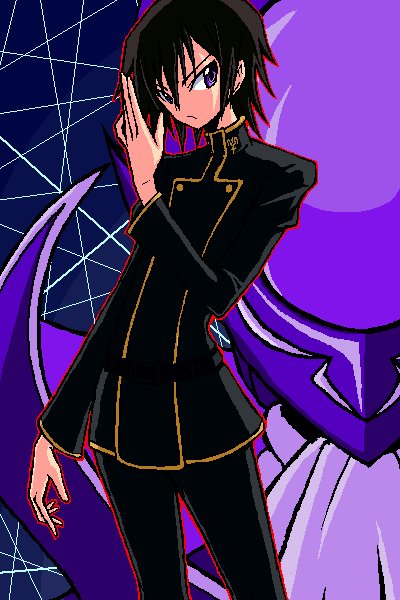 :/ arm_at_side black_hair black_pants closed_mouth code_geass cowboy_shot expressionless eyebrows_visible_through_hair hair_between_eyes hand_up head_tilt helmet lelouch_lamperouge long_sleeves looking_at_viewer male_focus mask outline pants purple_eyes serious shirono solo_focus standing tsurime v-shaped_eyebrows