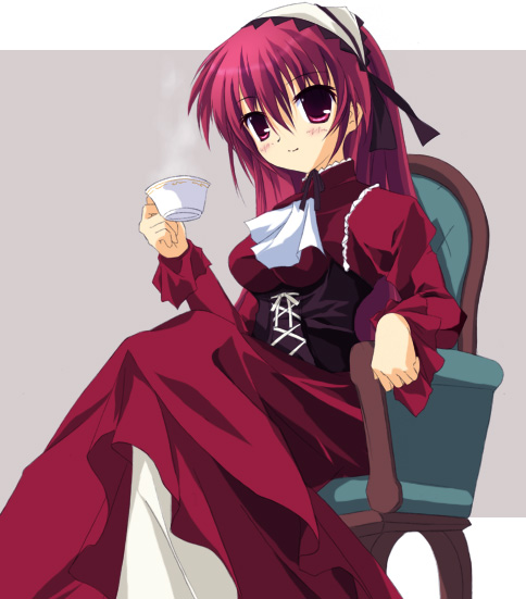 armchair breasts chair closed_mouth corset dress expressionless grey_background holding large_breasts long_sleeves looking_at_viewer red_dress red_eyes red_hair shuumatsu_shoujo_gensou_alicematic simple_background sitting solo steam tea tsukigase_sayane underbust