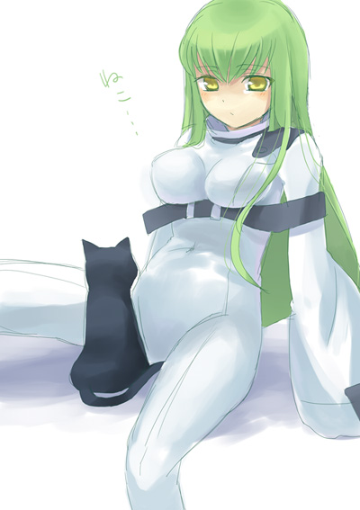 animal arthur_(code_geass) bangs black_cat bodysuit breasts c.c. cat code_geass green_hair hamamo impossible_clothes large_breasts long_hair long_sleeves looking_at_viewer robe simple_background sitting solo spread_legs straitjacket turtleneck very_long_hair white_background white_bodysuit yellow_eyes
