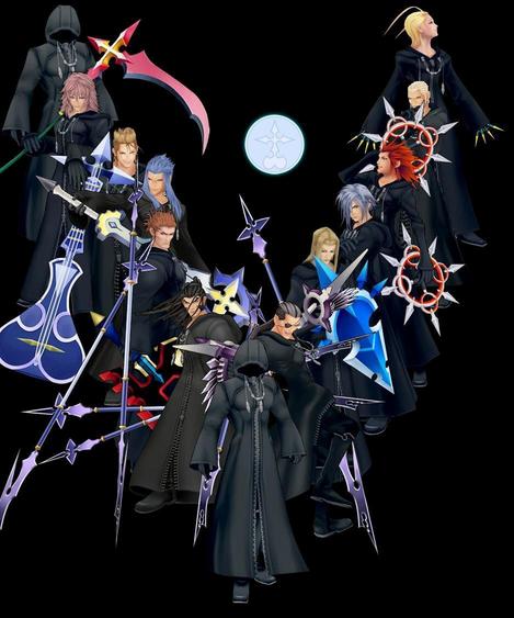 6+boys artist_request axel_(kingdom_hearts) black_coat_(kingdom_hearts) black_hair blonde_hair brown_hair chakram dagger demyx eyepatch gun hood instrument kingdom_hearts larxene lexaeus long_hair long_sleeves luxord marluxia multiple_boys organization_xiii pink_hair polearm red_hair roxas saix scythe shield short_hair silver_hair sitar spear tomahawk vexen weapon xaldin xemnas xigbar zexion