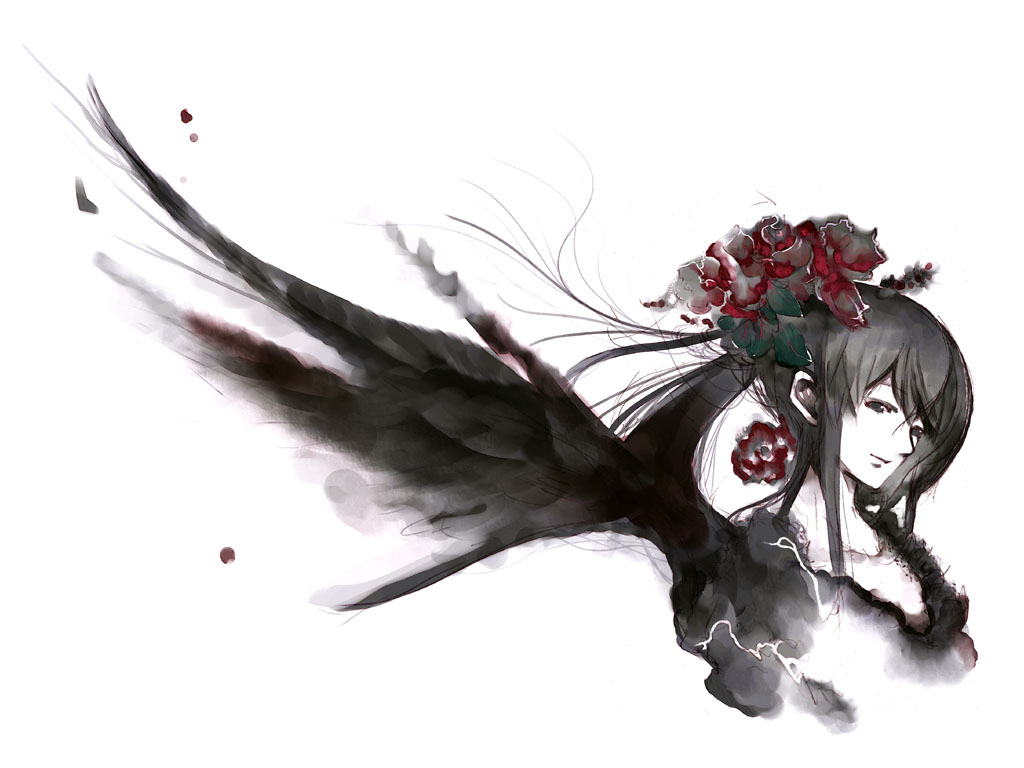 black_eyes black_hair copyright_request flower frills gothic hair_flower hair_ornament kei_(keigarou) looking_at_viewer pale_skin ponytail rose simple_background single_wing smile solo wings