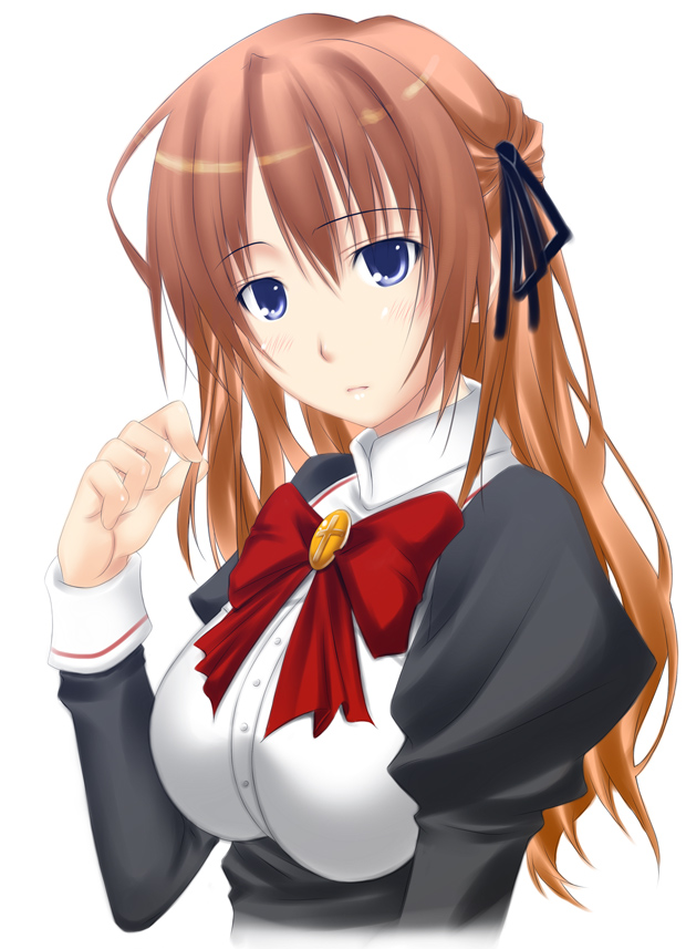 bangs big_wednesday blue_eyes bow bowtie brooch brown_hair hair_ribbon half_updo hand_in_hair itsukushima_takako jewelry juliet_sleeves long_hair long_sleeves looking_at_viewer otome_wa_boku_ni_koishiteru puffy_sleeves ribbon school_uniform simple_background solo underbust upper_body white_background