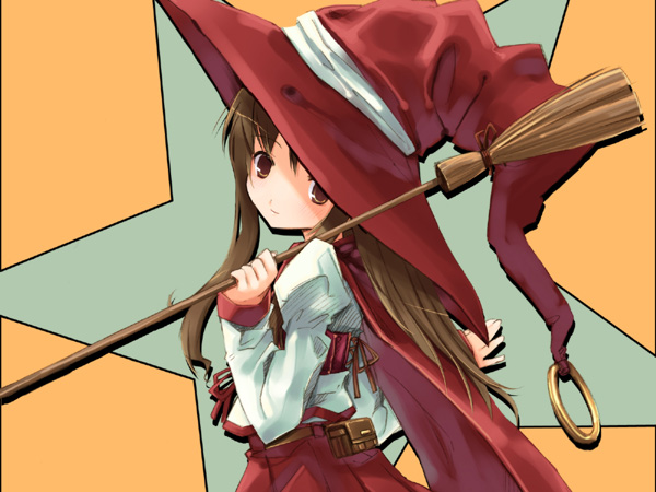 bow broom brown_hair cape hat jewelry long_hair long_sleeves looking_at_viewer nagisa_honoka original red_bow red_cape red_skirt ring shirt skirt solo star starry_background white_shirt witch witch_hat