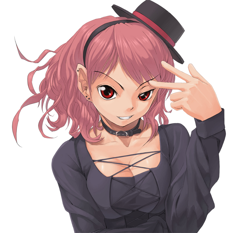 breasts choker cleavage copyright_request hat large_breasts long_sleeves red_eyes red_hair solo sun-3