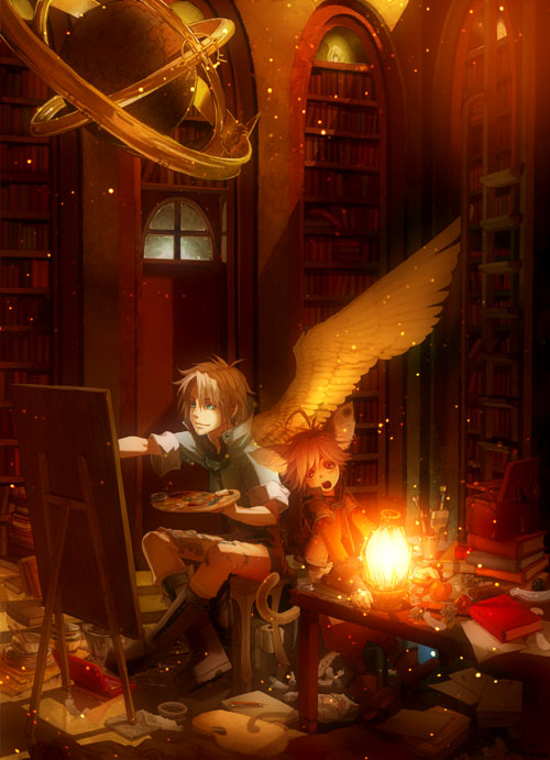 animal_ears book bookshelf brown_hair copyright_request easel lantern library male_focus multiple_boys painting palette red_eyes short_hair sitting tail wings yuanmaru