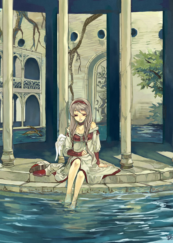 architecture arm_support artist_request braid copyright_request fantasy grey_hair no_shoes shoes sitting smile soaking_feet solo twin_braids water wings