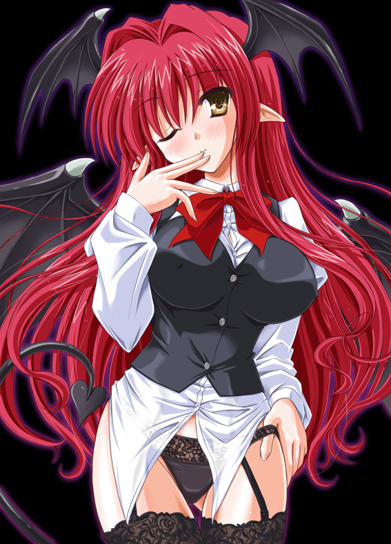 bat_wings black_legwear black_panties blush breasts covered_nipples demon_girl garter_belt garters head_wings impossible_clothes impossible_shirt koakuma lace lace-trimmed_thighhighs lace_panties large_breasts lingerie long_hair long_sleeves one_eye_closed panties pointy_ears red_hair see-through shirt solo thigh_gap thighhighs touhou underwear very_long_hair wings yamu_(reverse_noise) yellow_eyes