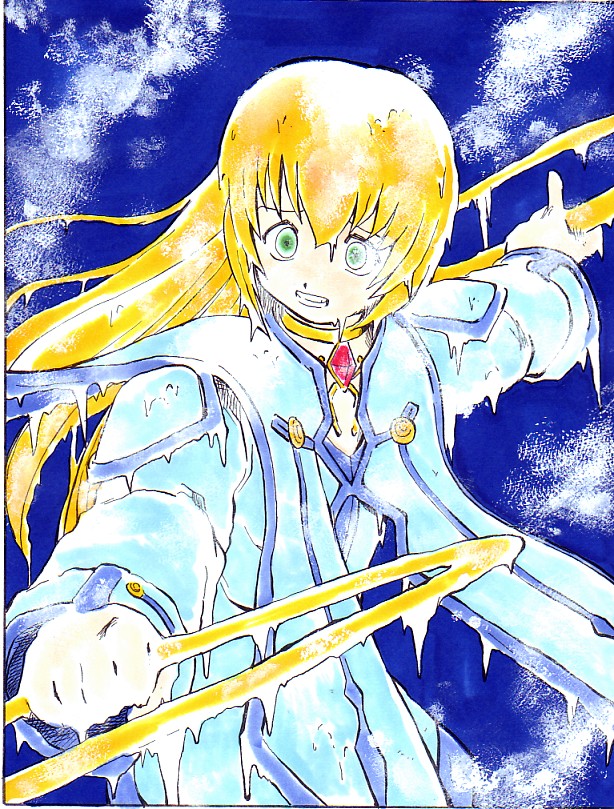 artist_request blonde_hair cold collet_brunel frozen green_eyes ice long_hair long_sleeves solo tales_of_(series) tales_of_symphonia