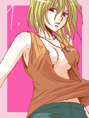 artist_request blonde_hair border breasts cleavage cowboy_shot gundam gundam_seed gundam_seed_destiny jewelry large_breasts looking_at_viewer lowres necklace pants pink_background red_eyes shirt short_hair simple_background solo stellar_loussier torn_clothes torn_shirt