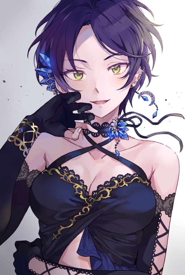 1girl asymmetrical_gloves backlighting bangs bare_shoulders black_hair blush breasts choker cleavage collarbone criss-cross_halter dress ear_piercing elbow_gloves gloves gradient gradient_background hair_ornament halterneck hayami_kanade idolmaster idolmaster_cinderella_girls idolmaster_cinderella_girls_starlight_stage inzup jewelry looking_at_viewer medium_breasts parted_bangs parted_lips piercing short_hair single_earring sleeveless sleeveless_dress smile solo upper_body yellow_eyes