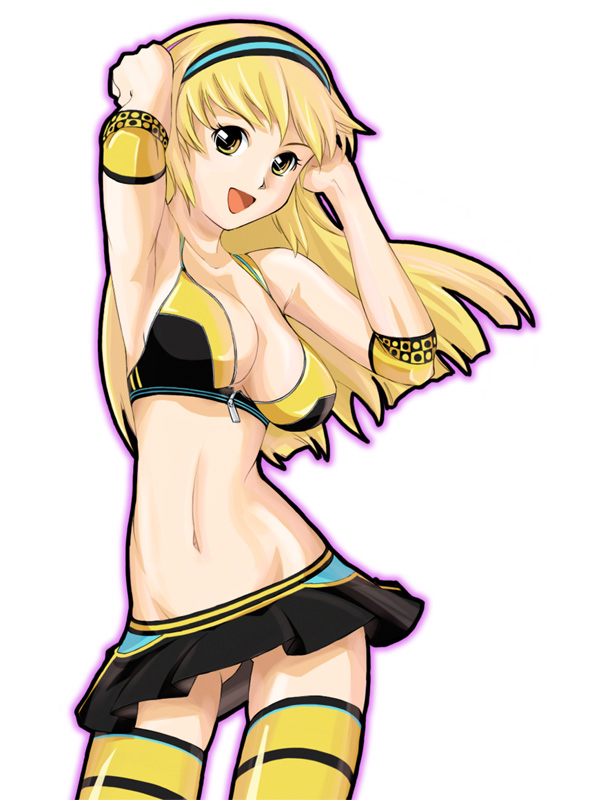 blonde_hair breasts cleavage dj_max dj_max_portable el_(dj_max_portable) hairband happy large_breasts long_hair midriff miniskirt navel open_mouth skirt solo takahashi_ren thighhighs yellow_eyes yellow_legwear zettai_ryouiki zipper