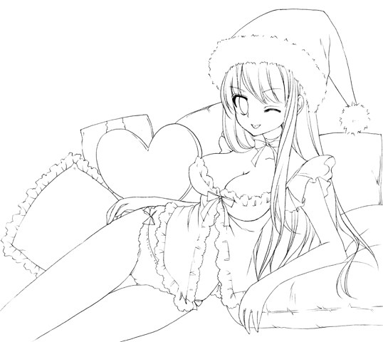 babydoll breasts chemise christmas cleavage copyright_request greyscale hat lace lace-trimmed_panties large_breasts long_hair mika_mikan monochrome one_eye_closed panties santa_hat solo thigh_gap underwear underwear_only