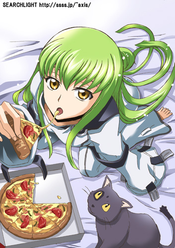 arthur_(code_geass) bangs bodysuit c.c. cat cheese_trail code_geass food green_hair holding_pizza long_hair long_sleeves lowres midori_(searchlight) pizza slice_of_pizza solo straitjacket white_bodysuit