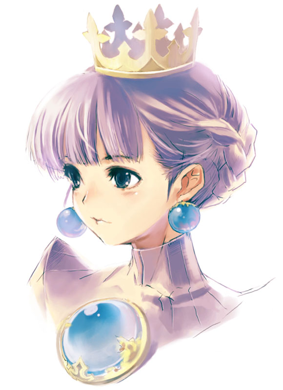 blue_eyes braid crown earrings gradriel jewelry kawata_hisashi portrait princess_crown purple_hair simple_background solo turtleneck white_background