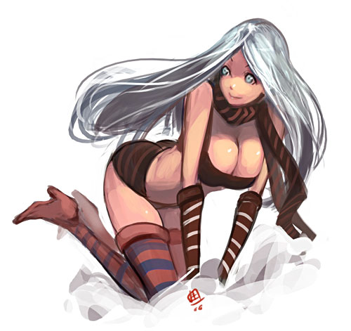 boots breasts cleavage gloves large_breasts lowres midriff original qiqo scarf silver_hair solo striped striped_legwear striped_scarf thigh_boots thighhighs