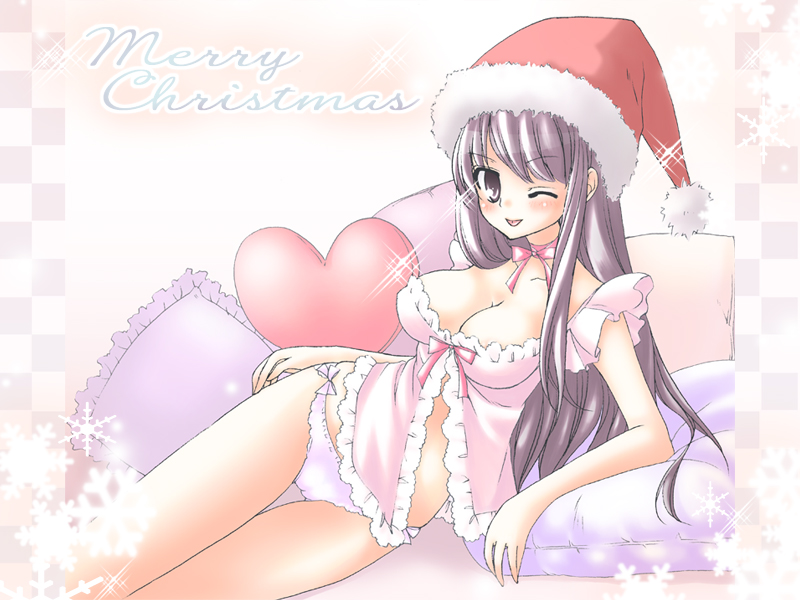 ;p babydoll bow bow_panties chemise christmas hat lying mika_mikan on_side one_eye_closed original panties santa_hat solo thigh_gap tongue tongue_out underwear white_panties