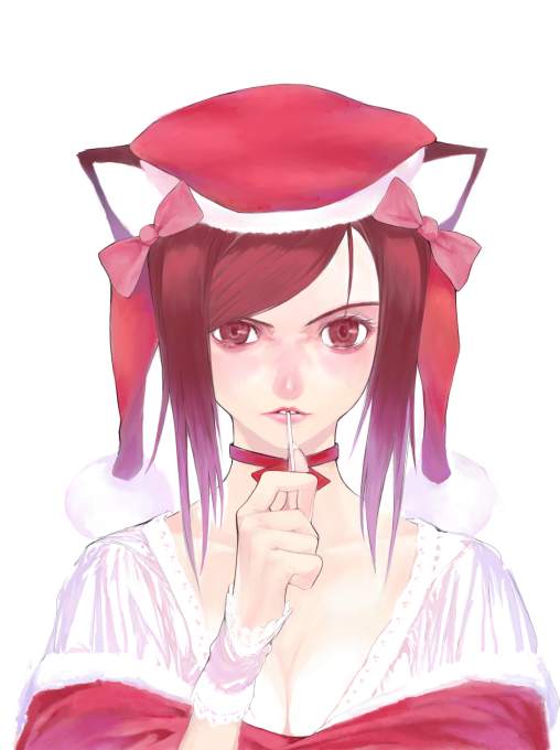 animal_ears bow breasts brown_eyes brown_hair cat_ears choker cleavage copyright_request es_(cah60700) hat medium_breasts ribbon short_hair solo white_background