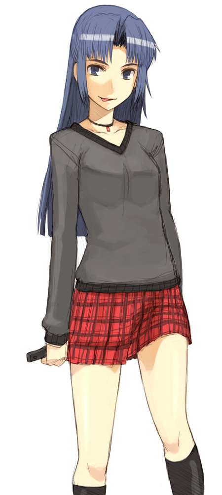 :p asakura_ryouko bangs black_legwear black_shirt casual jewelry kneehighs long_hair long_sleeves looking_at_viewer necklace parted_bangs pendant plaid plaid_skirt red_skirt shirt simple_background skirt solo suzumiya_haruhi_no_yuuutsu tongue tongue_out very_long_hair white_background yu_65026