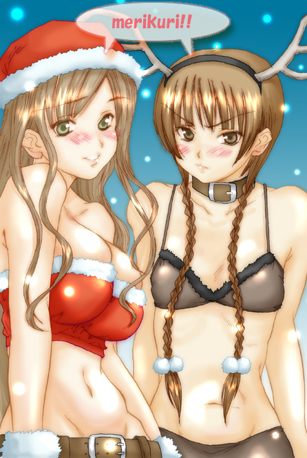 bra christmas lingerie maria-sama_ga_miteru multiple_girls p.i.l. santa_costume shimazu_yoshino snowing toudou_shimako underwear