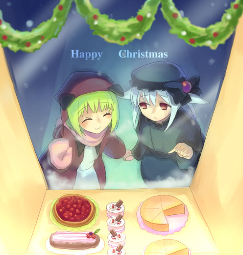 ^_^ against_glass beret black_dress blonde_hair blush cake cherry christmas closed_eyes coat dress food fruit glass hamamo hat long_sleeves looking_at_viewer merry_christmas multiple_girls original outdoors plate red_coat shop short_hair sweets