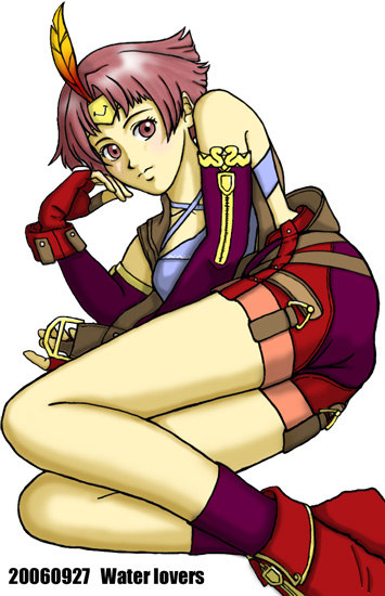 ankle_boots ass bare_shoulders boots elbow_gloves faylen fingerless_gloves gensou_suikoden gensou_suikoden_v gloves head_rest kneehighs looking_at_viewer lying on_side pink_eyes pink_hair purple_gloves purple_legwear red_footwear short_hair simple_background smile solo white_background