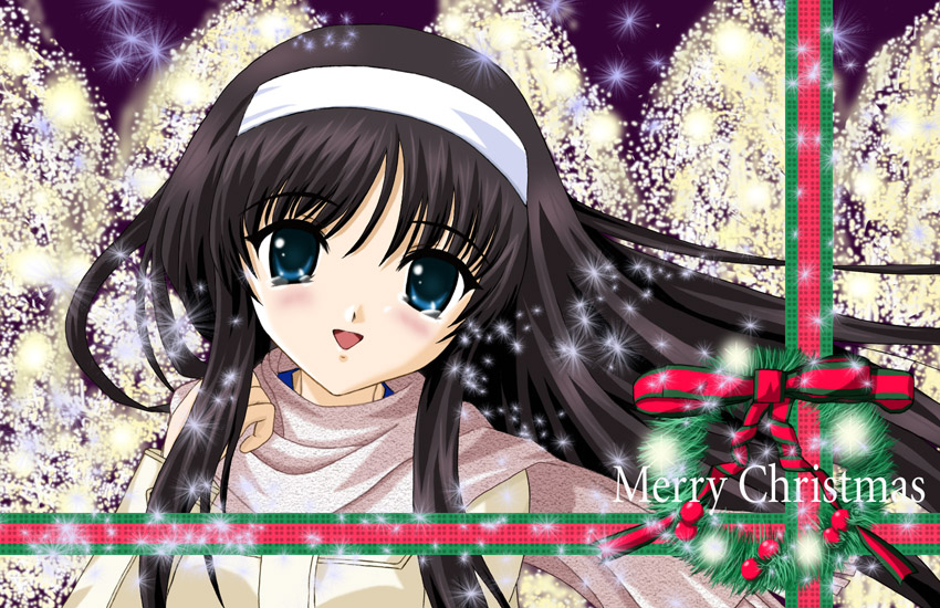 :d artist_request blue_eyes blush brown_hair christmas church close-up english eyebrows_visible_through_hair face indoors long_hair looking_at_viewer merry_christmas open_mouth scarf sidelocks smile solo text_focus toono_akiha tsukihime very_long_hair white_scarf