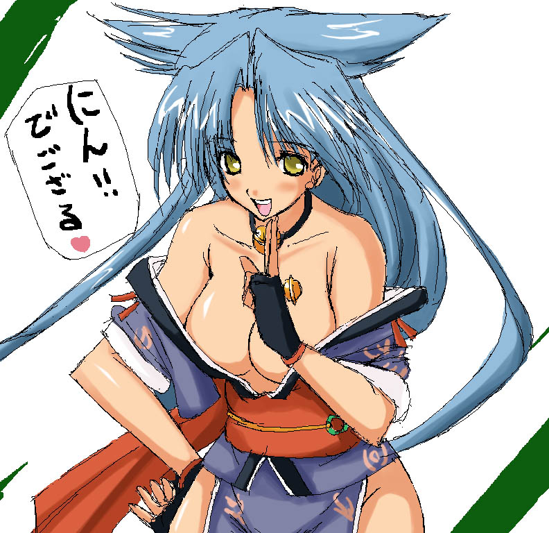bell blue_hair blush breasts choker cleavage fingerless_gloves gloves happy japanese_clothes large_breasts long_hair n820 oekaki rance_(series) sengoku_rance solo suzume_(rance) translated