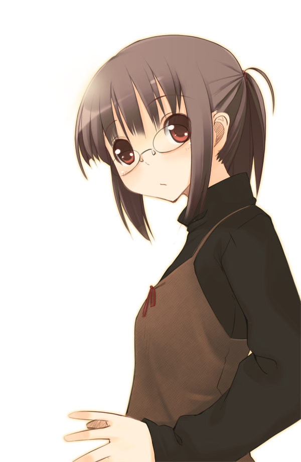 brown brown_hair copyright_request glasses jirou_(chekoro) long_sleeves ponytail red_eyes short_hair sidelocks solo white_background