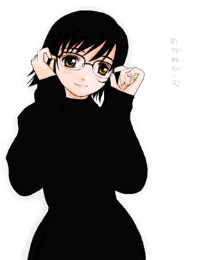 artist_request black_hair copyright_request glasses long_sleeves lowres short_hair smile solo turtleneck yellow_eyes