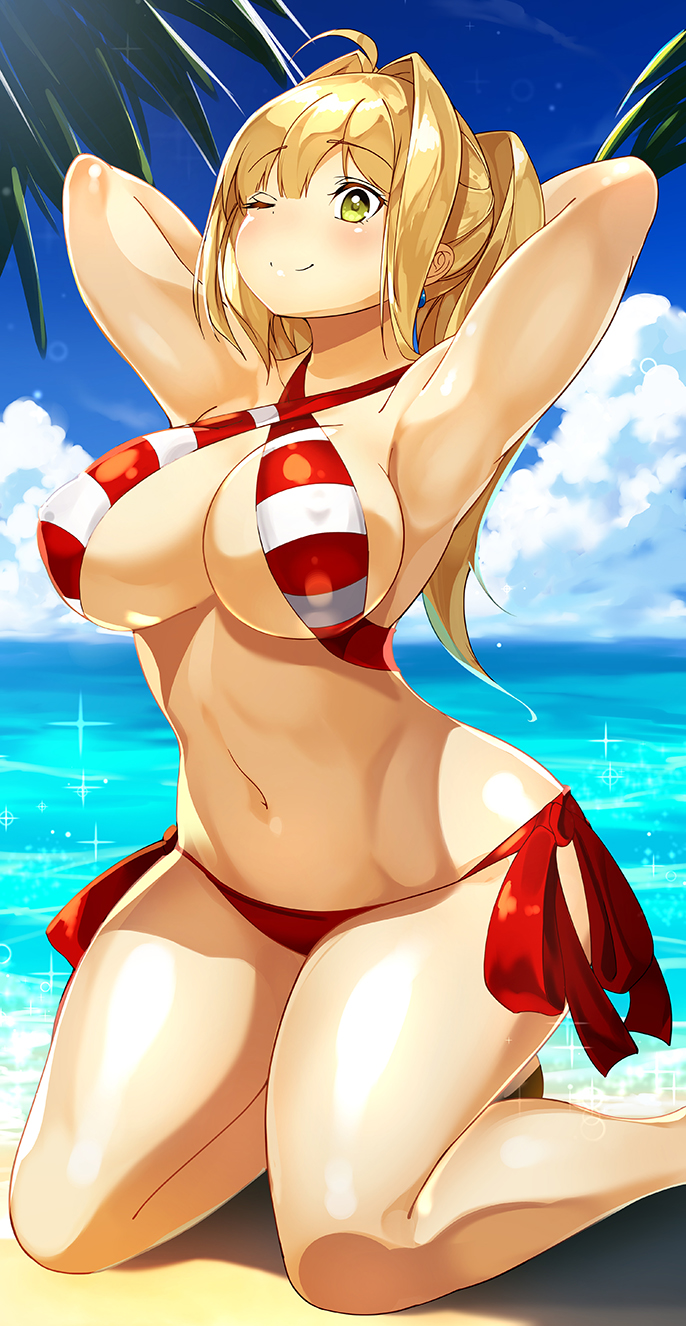 1girl ahoge beach bikini blonde_hair blue_sky breasts cloud criss-cross_halter day erect_nipples fate/extra fate/grand_order fate_(series) green_eyes hair_intakes halter_top halterneck highres kneeling large_breasts long_hair looking_at_viewer navel nero_claudius_(fate) nero_claudius_(fate)_(all) nero_claudius_(swimsuit_caster)_(fate) ocean outdoors sand shiny shiny_hair shiny_skin sia_namsbinpeni side-tie_bikini sky solo striped striped_bikini swimsuit twintails water