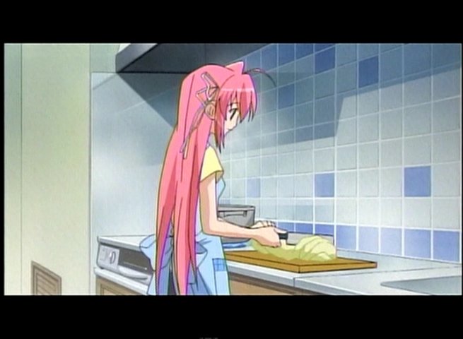 ahoge apron bangs bow breasts cabbage cooking cowboy_shot cutting cutting_board food from_side fukamine_riko gift_(game) gift_eternal_rainbow hair_between_eyes hair_ribbon holding indoors kitchen knife letterboxed light_smile long_hair looking_down pink_hair pot profile ribbon screencap shirt short_sleeves sink small_breasts smile solo standing stove tile_wall tiles very_long_hair