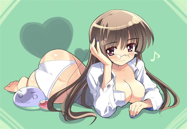 ass barefoot bottomless breasts copyright_request dress_shirt duplicate glasses large_breasts long_sleeves lying on_stomach panties shirt sikorsky soles solo underwear white_panties