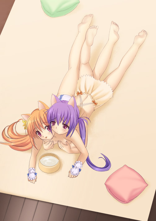 animal_ears barefoot bowl cat_ears eyebrows_visible_through_hair feet from_above long_hair lying multiple_girls on_stomach orange_hair original pet_bowl pillow piyodera_mucha purple_hair red_eyes soles toes twintails wrist_cuffs yuri
