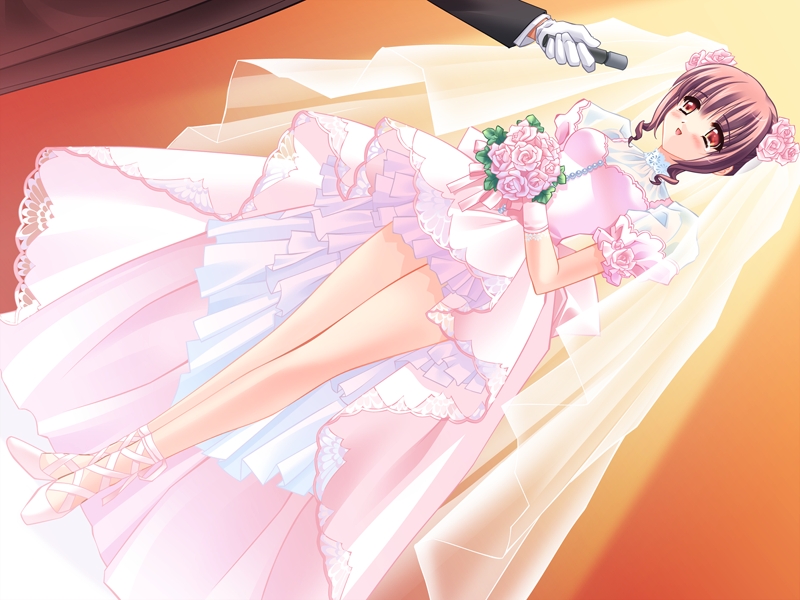 airi_(quilt) bridal_veil bride carnelian dress dutch_angle flower formal full_body game_cg hair_flower hair_ornament legs_together microphone out_of_frame pink_flower pink_rose quilt_(game) red_eyes rose solo_focus standing veil wedding_dress