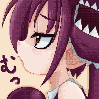 artist_request bare_shoulders beako brown_background closed_mouth eyebrows_visible_through_hair eyelashes long_hair lowres original pouty_lips profile purple_hair raised_eyebrows red_eyes shiny shiny_skin simple_background solo translated tsurime upper_body