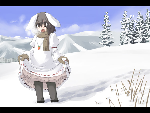 alternate_costume animal_ears black_legwear breath brown_eyes brown_hair bunny_ears gloves inaba_tewi letterboxed md5_mismatch pantyhose scarf skirt_hold snow solo takuzui touhou