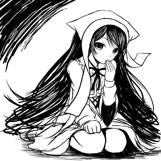 chiko_(kanhogo) collar covering_mouth dress frilled_shirt_collar frills greyscale hand_on_leg lap long_hair long_sleeves looking_at_viewer monochrome ribbon rozen_maiden seiza simple_background sitting solo suiseiseki very_long_hair white_background