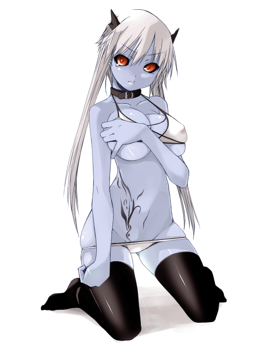 artist_request bikini black_legwear black_sclera blue_oni blue_skin breast_hold breasts character_request cleavage collar copyright_request covered_nipples demon demon_girl hand_on_own_chest horns kneeling large_breasts long_hair lowleg lowleg_bikini midriff navel oni red_eyes simple_background skindentation solo swimsuit tattoo thighhighs twintails underboob white_bikini white_hair