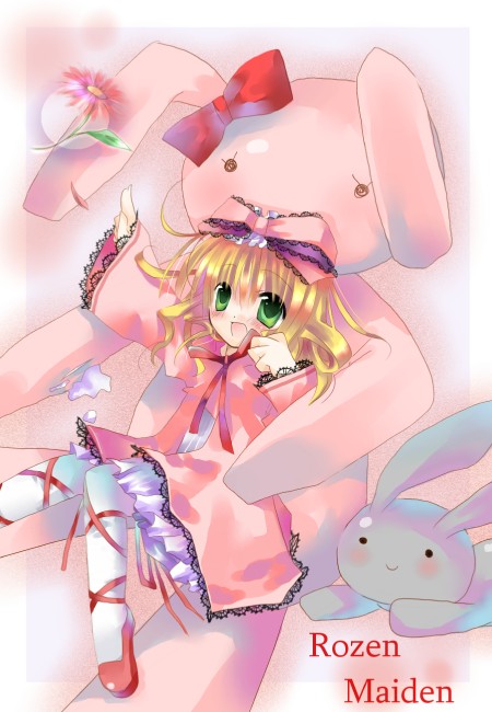 :d blonde_hair bow copyright_name dress flower frilled_dress frills green_eyes hina_ichigo jin_rikuri long_sleeves looking_at_viewer lying on_back open_mouth pantyhose pink_bow pink_dress red_ribbon ribbon rozen_maiden short_hair smile solo stuffed_animal stuffed_bunny stuffed_toy white_legwear