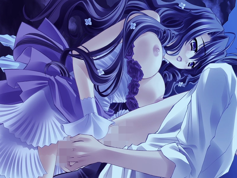 1girl black_hair blush breasts carnelian censored dress dutch_angle ena_(quilt) fingering game_cg handjob hetero large_breasts leg_up long_hair mosaic_censoring night open_mouth outdoors penis purple_eyes pussy quilt_(game) sex takumi_(quilt) vaginal