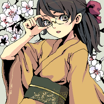 adjusting_eyewear cherry_blossoms copyright_request glasses japanese_clothes kimono kishida_mel long_sleeves lowres oekaki solo