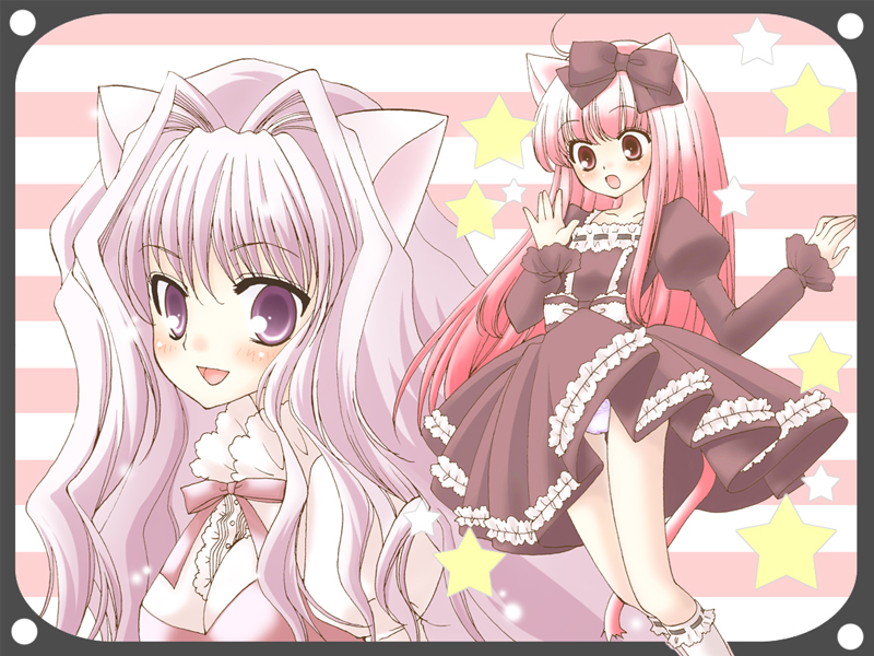 :d animal_ears bare_legs black_bow blush bow breasts cat_ears cleavage hair_bow hair_intakes long_hair looking_at_viewer medium_breasts mika_mikan multiple_girls open_mouth original pink_hair purple_eyes red_ribbon ribbon round_teeth smile standing teeth upskirt very_long_hair wind wind_lift