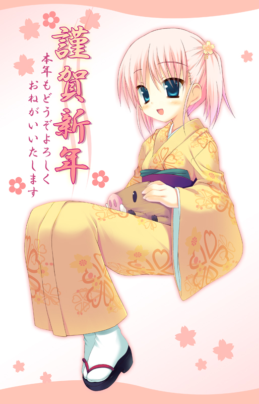 :d aqua_eyes boar clog_sandals full_body japanese_clothes kimono long_sleeves meito_(maze) new_year open_mouth original pink_hair short_hair sitting smile solo tabi twintails