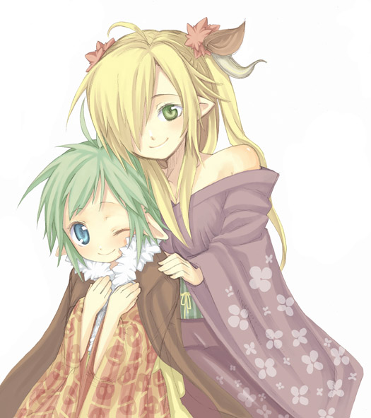 androgynous blonde_hair blue_eyes copyright_request elf green_eyes green_hair hair_over_one_eye japanese_clothes kimono kimura_shiroro long_sleeves new_year one_eye_closed pointy_ears