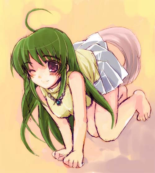 ahoge barefoot green_hair inukami! solo tail tsukamichi_fumi youko_(inukami)