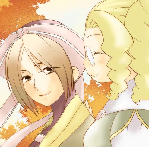 ^_^ autumn_leaves blonde_hair brown_eyes brown_hair closed_eyes closed_mouth collarbone curly_hair fuyo gensou_suikoden gensou_suikoden_v glasses hat long_hair looking_at_viewer looking_to_the_side lowres multiple_girls pink_hat rimless_eyewear round_eyewear sagiri_(gensou_suikoden) sakuraguni smile upper_body