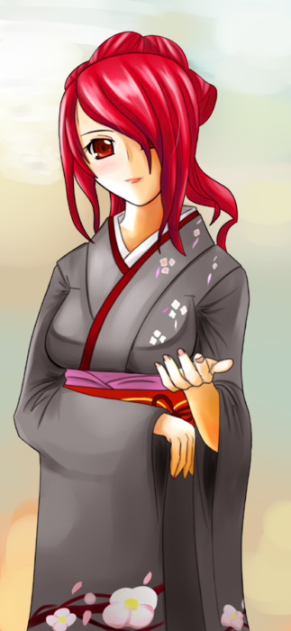 hair_over_one_eye japanese_clothes kimono kirijou_mitsuru long_hair long_sleeves mizuno_kakeru persona persona_3 red_eyes red_hair solo