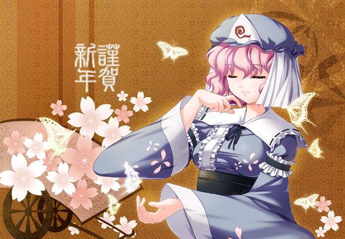 blue_dress bug butterfly closed_eyes dress flower frills hat insect japanese_clothes long_sleeves maroppe obi patterned_background pink_hair saigyouji_yuyuko sash short_hair solo touhou triangular_headpiece upper_body wheel wide_sleeves