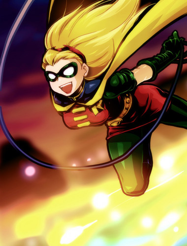 blonde_hair breasts dc_comics domino_mask gloves green_gloves hairband long_hair lowres mask nekomiso open_mouth robin_(dc) smile solo stephanie_brown