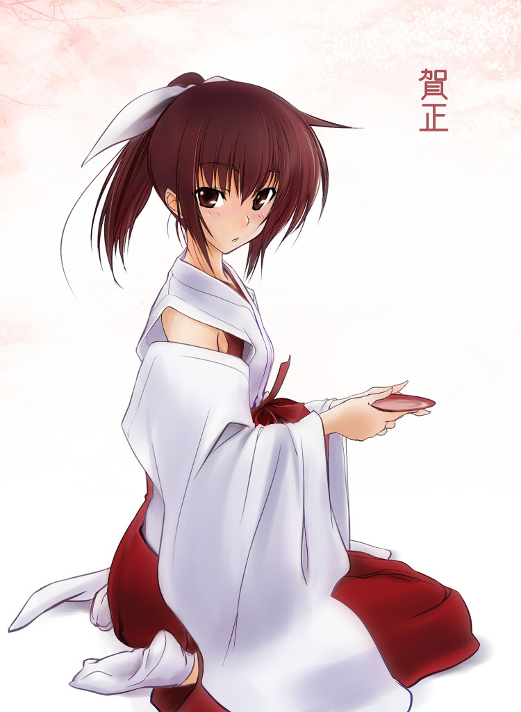 alcohol bangs blush breasts cherry_blossoms cup detached_sleeves fingernails gradient gradient_background hair_between_eyes hair_ribbon hakama hime_no_miko holding itsuki_(hime_no_miko) japanese_clothes kawagishi_keitarou long_fingernails long_sleeves looking_at_viewer looking_back miko new_year official_art parted_lips ponytail profile red_eyes red_hair red_hakama ribbon sakazuki sake sidelocks sitting small_breasts solo tabi wariza wide_sleeves